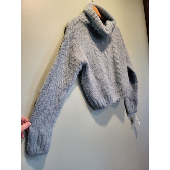 New Molly Bracken Ice Blue Cowl Neck Fluffy Cropped Sweater Sz M - Picture 3 of 7